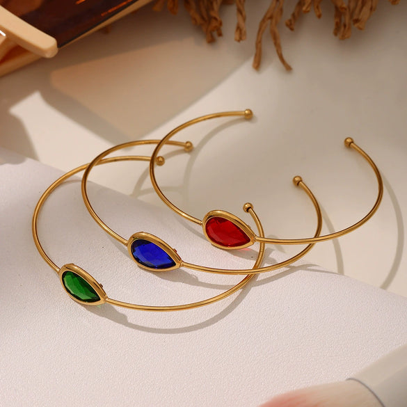 Wholesale Dropshaped Czech Glass Open Bracelet Stainless Steel 18K Gold Plated Geometric Jewelry