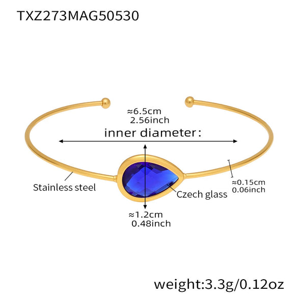 Wholesale Dropshaped Czech Glass Open Bracelet Stainless Steel 18K Gold Plated Geometric Jewelry