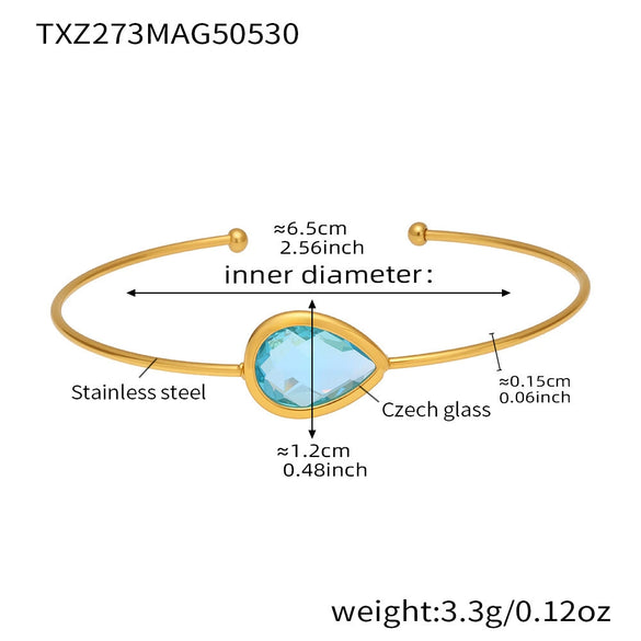 Wholesale Dropshaped Czech Glass Open Bracelet Stainless Steel 18K Gold Plated Geometric Jewelry