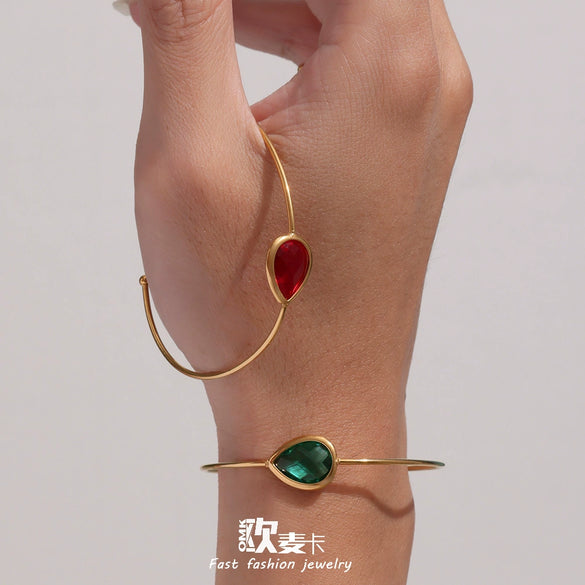 Wholesale Dropshaped Czech Glass Open Bracelet Stainless Steel 18K Gold Plated Geometric Jewelry