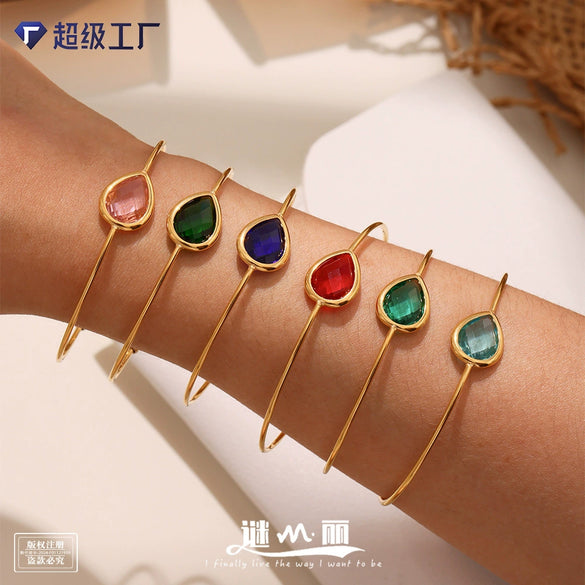 Wholesale Dropshaped Czech Glass Stone Open Bracelet 316L Stainless Steel 18K Gold Plated Geometric Design Luxury Bracelet