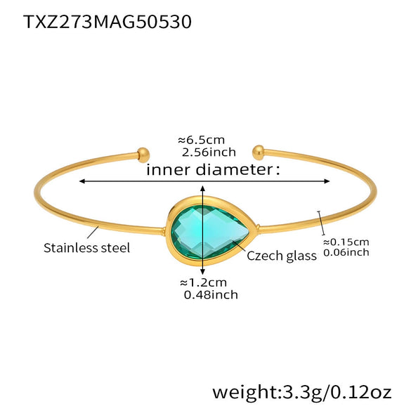 Wholesale Dropshaped Czech Glass Stone Open Bracelet 316L Stainless Steel 18K Gold Plated Geometric Design Luxury Bracelet