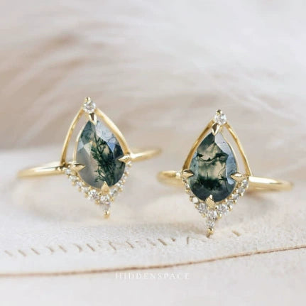 Wholesale Dropshaped 925 Silver 14K Gold Plated Water Grass Agate Ring Set With Precious Stones For Women French Retro Style