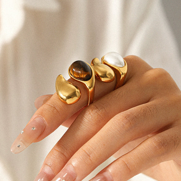 Wholesale Dropshaped Stainless Steel Ring Inlaid With Tiger Eye Stone Minimalist Style Women's Jewelry