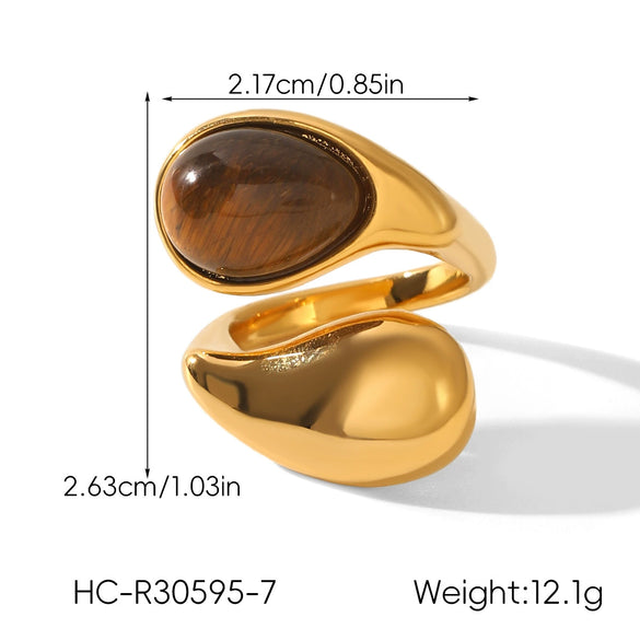 Wholesale Dropshaped Stainless Steel Ring Inlaid With Tiger Eye Stone Minimalist Style Women's Jewelry