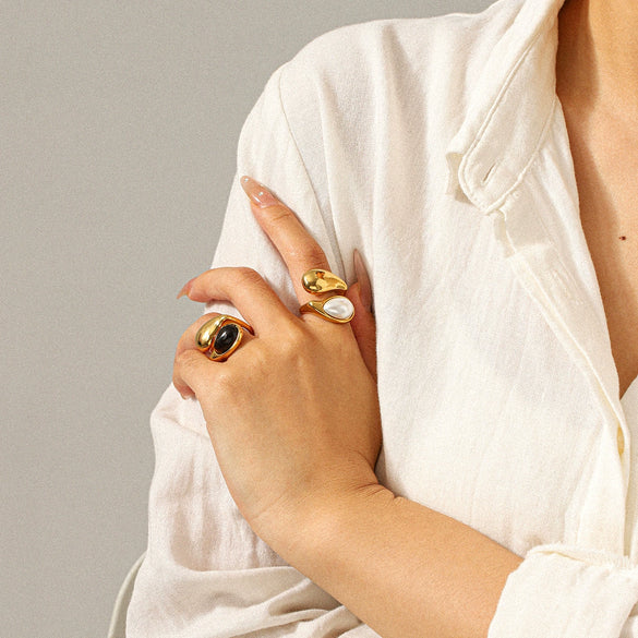 Wholesale Dropshaped Stainless Steel Ring Inlaid With Tiger Eye Stone Minimalist Style Women's Jewelry
