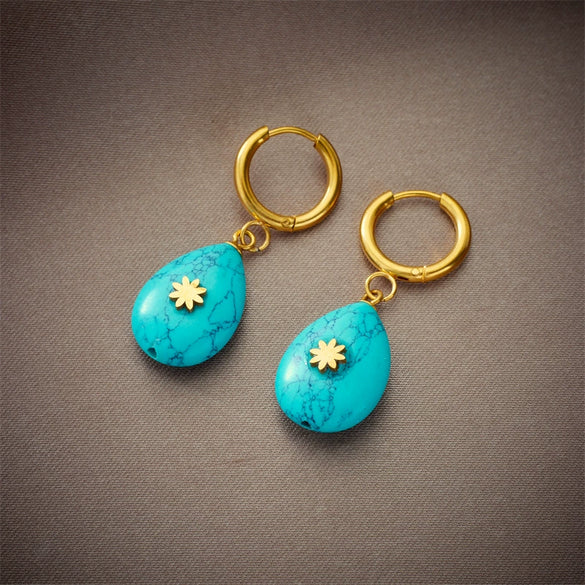 Wholesale Dropshaped Turquoise Titanium Steel Hanging Earrings Retro Simple Classical Electroplated For Women