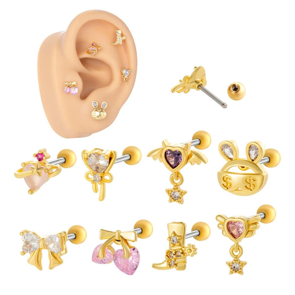 Wholesale Ear Bone Nail Copper Inlaid Zircon Stainless Steel Heart Pattern Electroplated For Women Girly Princess Style