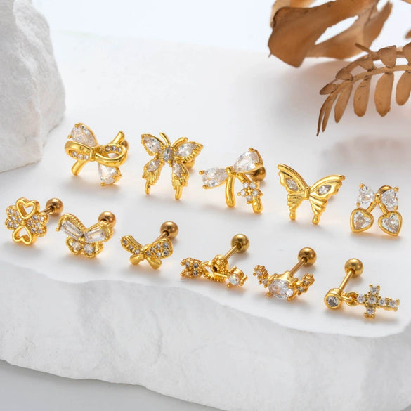 Wholesale Ear Bone Nail Stainless Steel Copper Inlaid Zircon Girlish Butterfly Bow Heart Pattern Electroplated