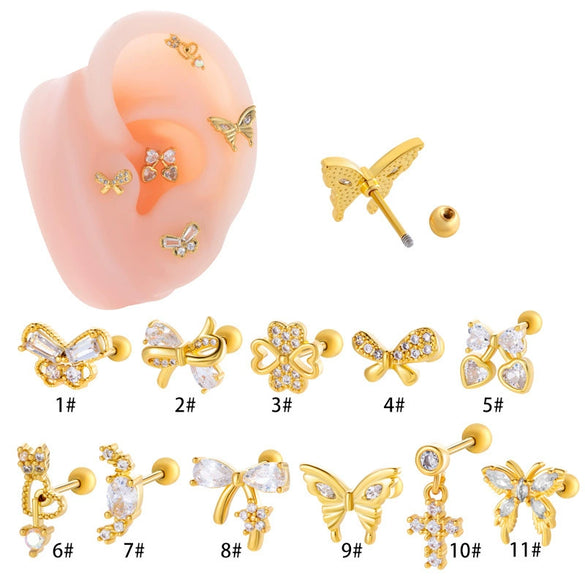 Wholesale Ear Bone Nail Stainless Steel Copper Inlaid Zircon Girlish Butterfly Bow Heart Pattern Electroplated