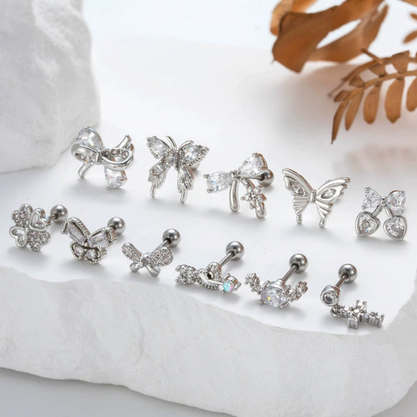 Wholesale Ear Bone Nail Stainless Steel Copper Inlaid Zircon Girlish Butterfly Bow Heart Pattern Electroplated