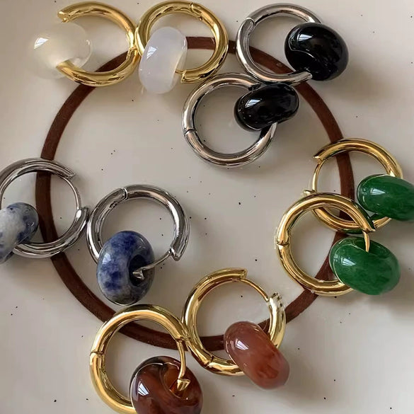 Wholesale Ear Buckles Natural Agate Jade Round Titanium Steel And Stainless Steel Ushaped Electroplated Light Luxury Niche Simple Style