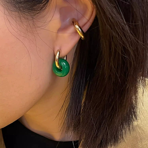 Wholesale Ear Buckles Natural Agate Jade Round Titanium Steel And Stainless Steel Ushaped Electroplated Light Luxury Niche Simple Style