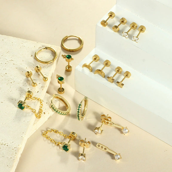 Wholesale Ear Clip Earrings Stainless Steel Real Gold Plated Green Zircon Fivepointed Star Distinctive Fashion