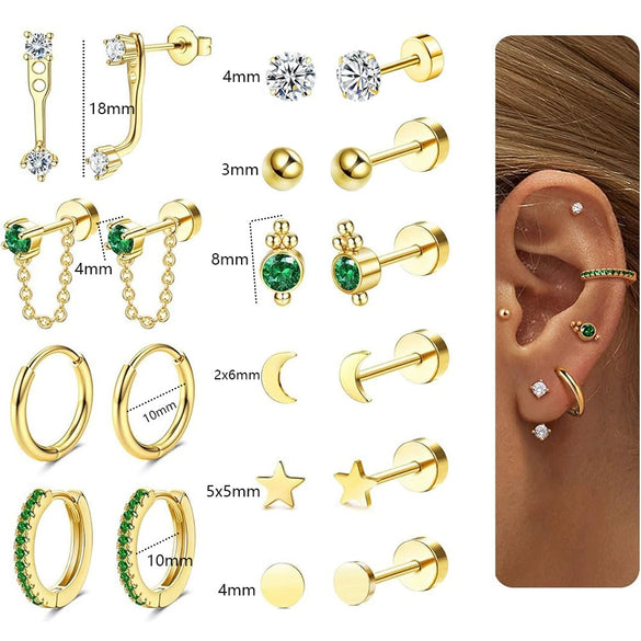 Wholesale Ear Clip Earrings Stainless Steel Real Gold Plated Green Zircon Fivepointed Star Distinctive Fashion