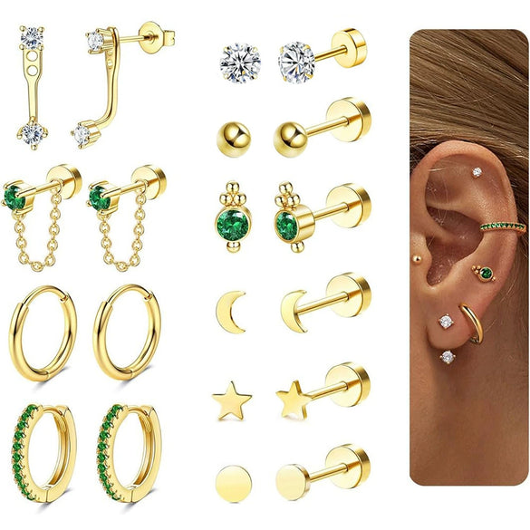Wholesale Ear Clip Earrings Stainless Steel Real Gold Plated Green Zircon Fivepointed Star Distinctive Fashion