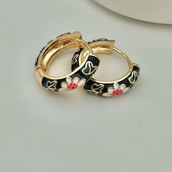 Wholesale Ear Jewelry Copper 14K Gold Ear Needle Flower Pattern Dripping Oil Process