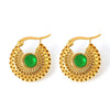 Wholesale Ear Jewelry French Retro Green Glass Hollow Titanium Steel Plated 18K True Gold Niche Geometric Earrings