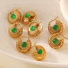 Wholesale Ear Jewelry French Retro Green Glass Hollow Titanium Steel Plated 18K True Gold Niche Geometric Earrings