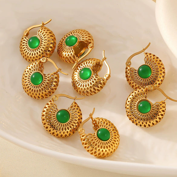 Wholesale Ear Jewelry French Retro Green Glass Hollow Titanium Steel Plated 18K True Gold Niche Geometric Earrings