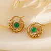 Wholesale Ear Jewelry French Retro Green Glass Hollow Titanium Steel Plated 18K True Gold Niche Geometric Earrings