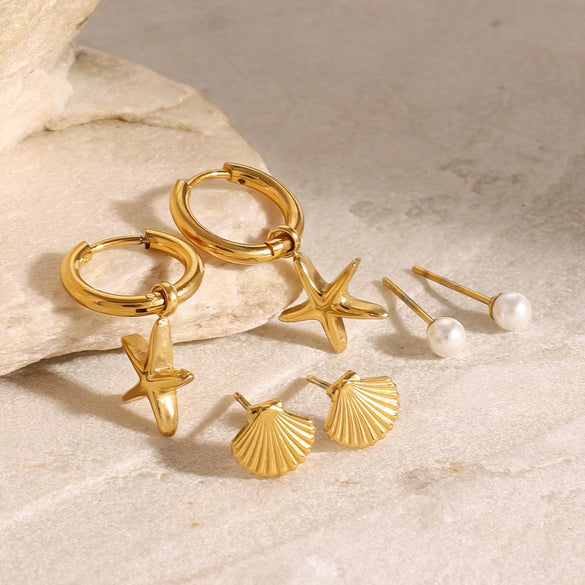 Wholesale Ear Jewelry Stainless Steel Animal Zodiac Electroplated Starfish Pearl Shell Earrings For Women
