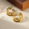 Wholesale Ear Jewelry Stainless Steel 18K Gold Geometric Round Earrings With Woven Texture And Imitation Pearl