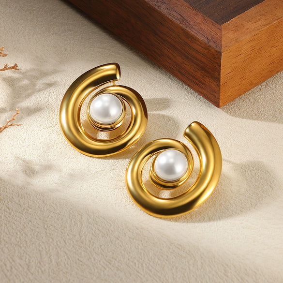 Wholesale Ear Jewelry Stainless Steel 18K Gold Geometric Round Earrings With Woven Texture And Imitation Pearl