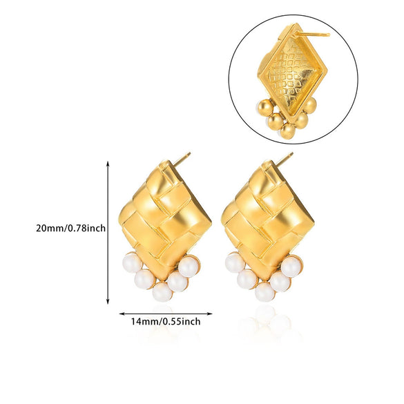Wholesale Ear Jewelry Stainless Steel 18K Gold Geometric Round Earrings With Woven Texture And Imitation Pearl