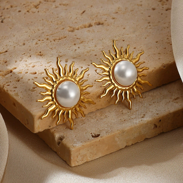 Wholesale Ear Jewelry Stainless Steel 18K Gold Geometric Round Earrings With Woven Texture And Imitation Pearl
