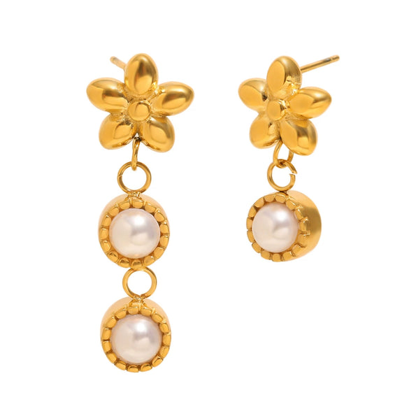 Wholesale Ear Jewelry Stainless Steel 18K Gold Plated Asymmetric Flower Imitation Pearl Earrings