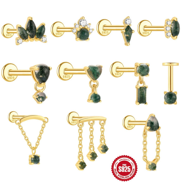 Wholesale Ear Jewelry Sterling Silver Natural Water Grass Agate Inlaid With Diamond Tassel Flat Head Threaded Piercing Geometric Style Environmentally Friendly Electroplated