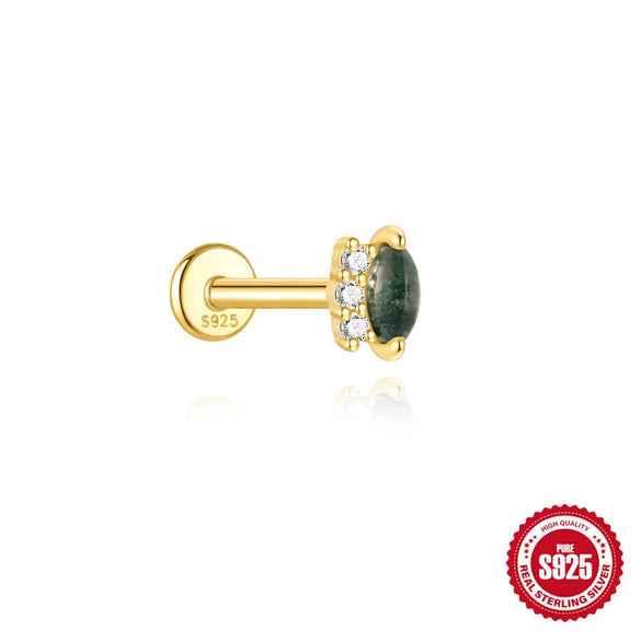 Wholesale Ear Jewelry Sterling Silver Natural Water Grass Agate Inlaid With Diamond Tassel Flat Head Threaded Piercing Geometric Style Environmentally Friendly Electroplated