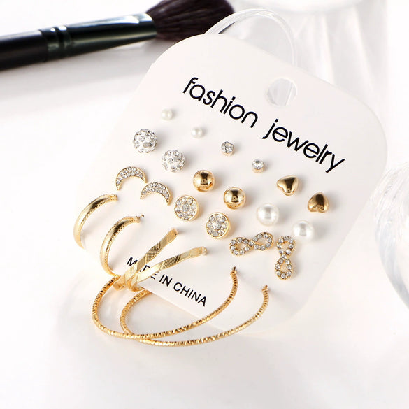 Wholesale Earrings Alloy Retro Exaggerated Geometric Inlaid Diamond Hoop Earrings Set