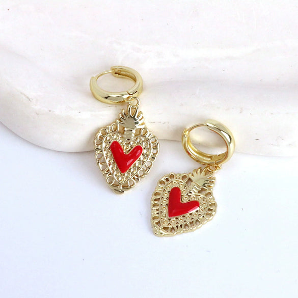 Wholesale Earrings Copper Dripping Oil Geometric Heartshaped Sweet Style 18K Gold Plated