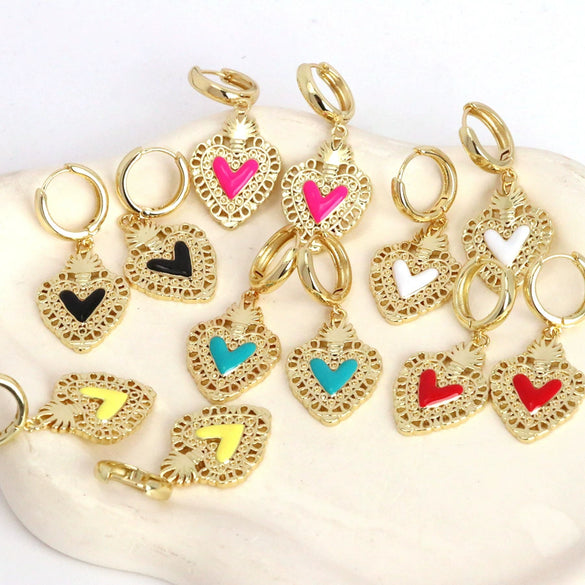 Wholesale Earrings Copper Dripping Oil Geometric Heartshaped Sweet Style 18K Gold Plated