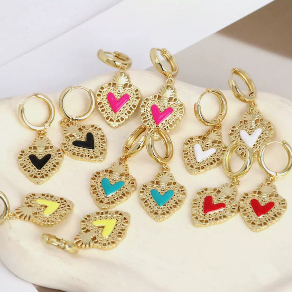 Wholesale Earrings Copper Dripping Oil Geometric Heartshaped Sweet Style 18K Gold Plated