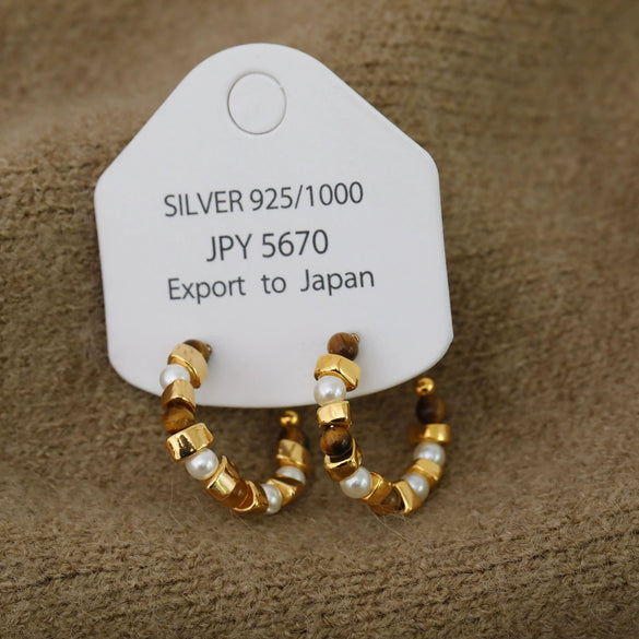 Wholesale Earrings Copper Geometric Cshaped Tiger's Eye Electroplating For Women Minimalist Light Luxury French Retro Style