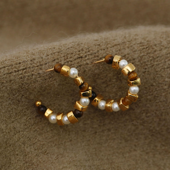 Wholesale Earrings Copper Geometric Cshaped Tiger's Eye Electroplating For Women Minimalist Light Luxury French Retro Style