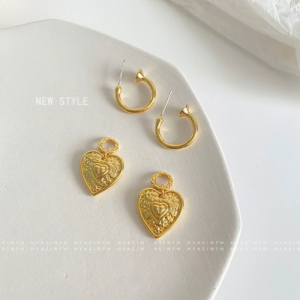 Wholesale Earrings Copper Geometric Heart Cshaped Electroplated Retro Trendy Light Luxury Highend