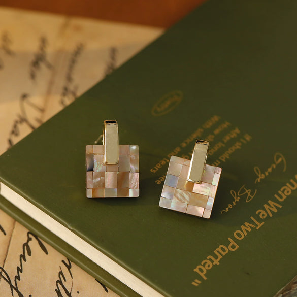Wholesale Earrings Copper Geometric Square Shell Stitching Retro Style Electroplated