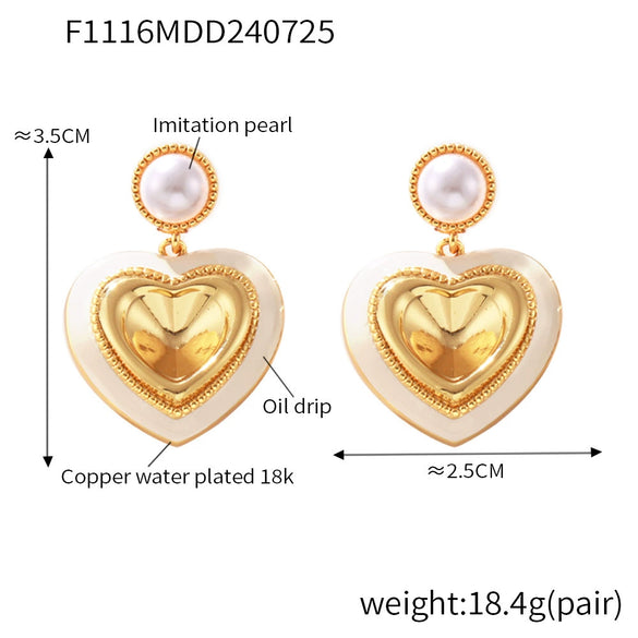 Wholesale Earrings Copper Imitation Pearl Glass Stone Niche Heart Geometric Electroplated