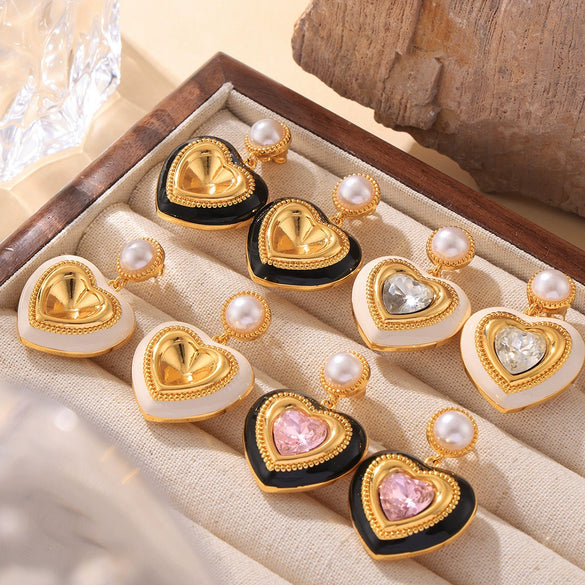 Wholesale Earrings Copper Imitation Pearl Glass Stone Niche Heart Geometric Electroplated