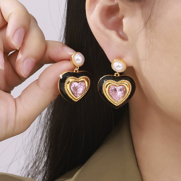 Wholesale Earrings Copper Imitation Pearl Glass Stone Niche Heart Geometric Electroplated