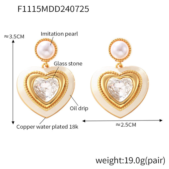 Wholesale Earrings Copper Imitation Pearl Glass Stone Niche Heart Geometric Electroplated