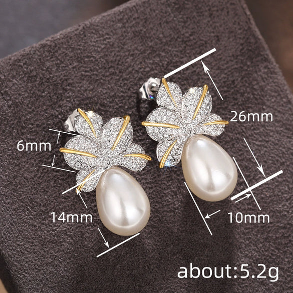 Wholesale Earrings Copper Imitation Pearl Light Luxury Geometric Leaves Inlaid Zircon