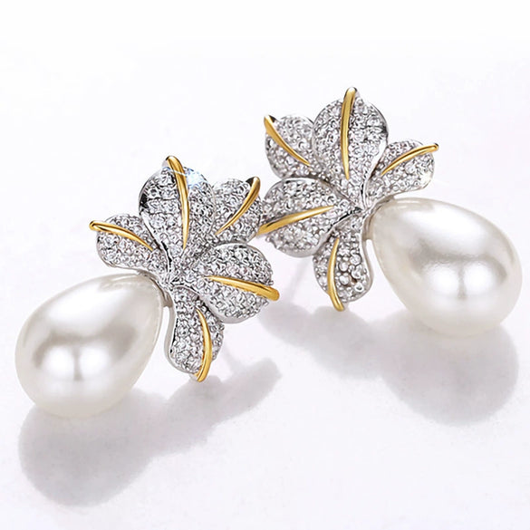 Wholesale Earrings Copper Imitation Pearl Light Luxury Geometric Leaves Inlaid Zircon