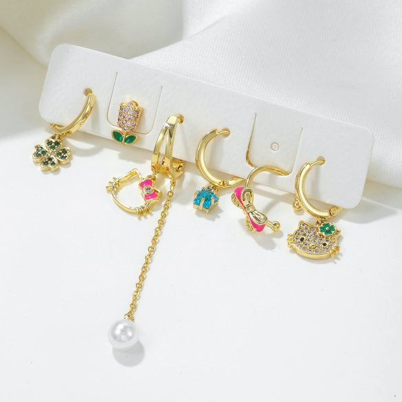 Wholesale Earrings Copper Inlaid Zircon Bow Star Geometric Animal Zodiac Style