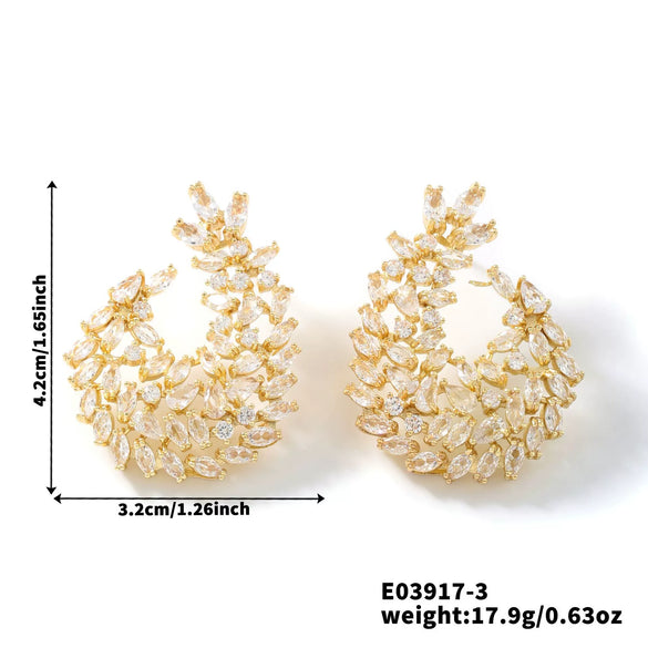 Wholesale Earrings Copper Inlaid Zircon Willow Leaf Asymmetrical Geometric Heart Flower Light Luxury Style Electroplating