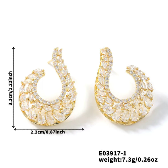 Wholesale Earrings Copper Inlaid Zircon Willow Leaf Asymmetrical Geometric Heart Flower Light Luxury Style Electroplating